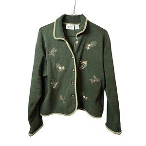 VTG Christopher Banks Women Large Green Botanical Embroidered Cozy Fleece Jacket
